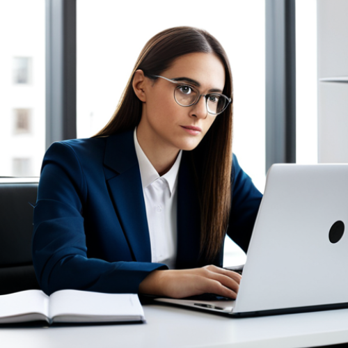 Home 4 A professional business person, gender-neutral, wearing a modest business suit, fully clothed, in a modern, minimalist office. The person is looking confidently at a sleek laptop on a professional desk, with a clear, focused expression, symbolizing mastery over information overload. Soft, natural light illuminates the scene, suggesting clarity. Perfect anatomy, correct proportions, natural pose, well-formed hands, proper finger count, professional photography, high quality, sharp focus, vibrant colors, safe for work, appropriate content, professional, family-friendly.