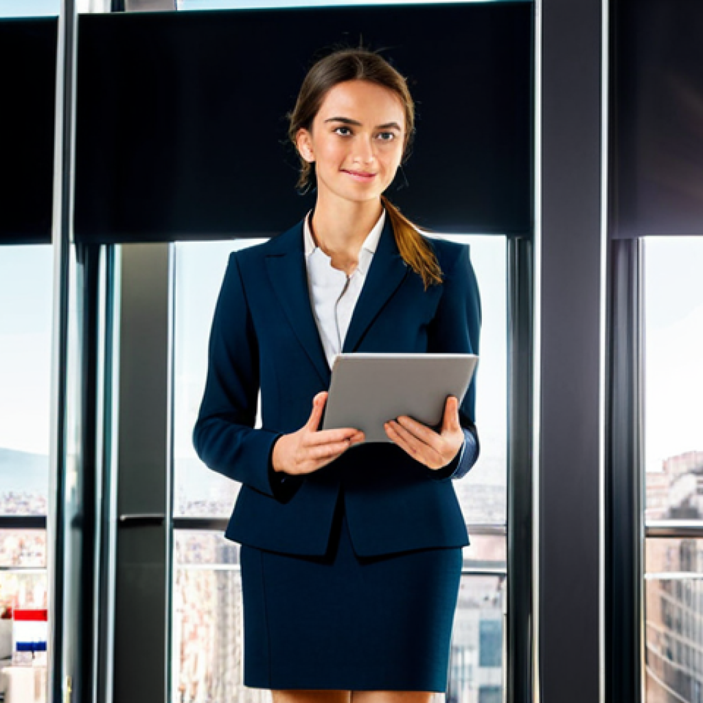 **

"A successful businesswoman, fully clothed in a stylish, tailored business suit (skirt and blazer), stands confidently in a modern, sunlit office overlooking Madrid's Gran V&iacute;a. She holds a tablet displaying a positive sales chart. Appropriate attire, safe for work, professional, perfect anatomy, correct proportions, natural pose, well-formed hands, proper finger count, natural body proportions, high quality, professional photography, modest clothing."

**