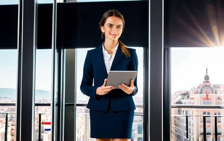 **

"A successful businesswoman, fully clothed in a stylish, tailored business suit (skirt and blazer), stands confidently in a modern, sunlit office overlooking Madrid's Gran V&iacute;a. She holds a tablet displaying a positive sales chart. Appropriate attire, safe for work, professional, perfect anatomy, correct proportions, natural pose, well-formed hands, proper finger count, natural body proportions, high quality, professional photography, modest clothing."

**