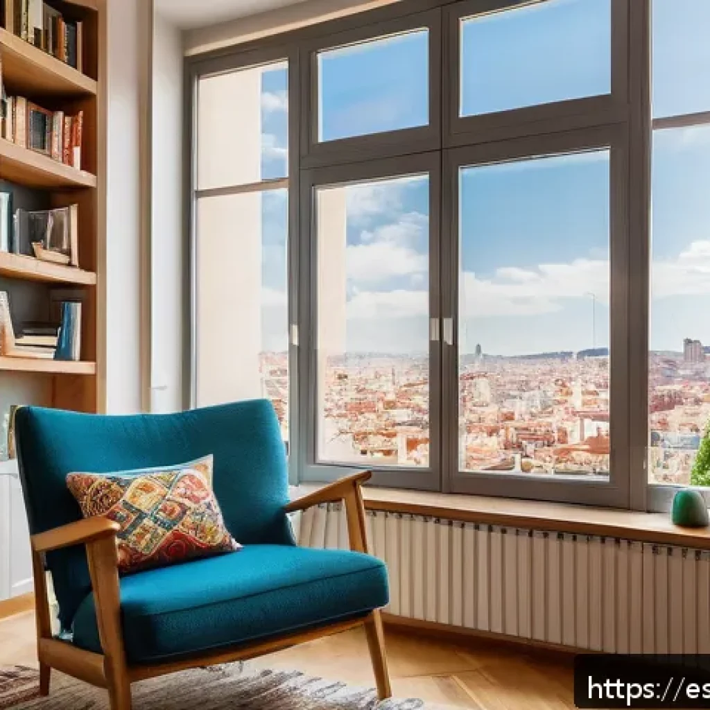 효율적인 독서 습관 형성을 위한 팁 - A cozy reading nook inside a modern Spanish apartment, featuring a comfortable armchair with warm cu...