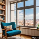 Home 23 효율적인 독서 습관 형성을 위한 팁 - A cozy reading nook inside a modern Spanish apartment, featuring a comfortable armchair with warm cu...