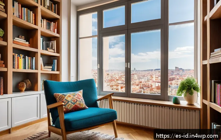 효율적인 독서 습관 형성을 위한 팁 - A cozy reading nook inside a modern Spanish apartment, featuring a comfortable armchair with warm cu...