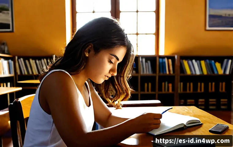 속독과 집중력의 관계 - Photorealistic editorial scene of a focused Spanish university student speed-reading a paperback boo...